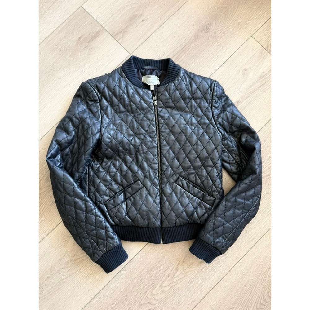 Nicole Miller Atelier Black Quilted 100% Lamb Leather Bomber Jacket Petite P